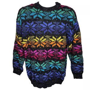 Vintage 80s Partners Snowflake Sweater Size L Black Rainbow Nordic Fair Isle